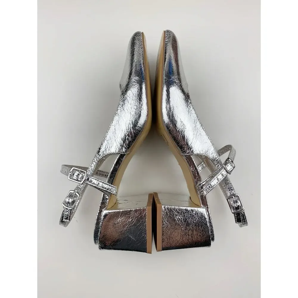 Steve Madden Emjay Block Heel Shoes Silver Slingback Pumps Women's 10 90s Y2K